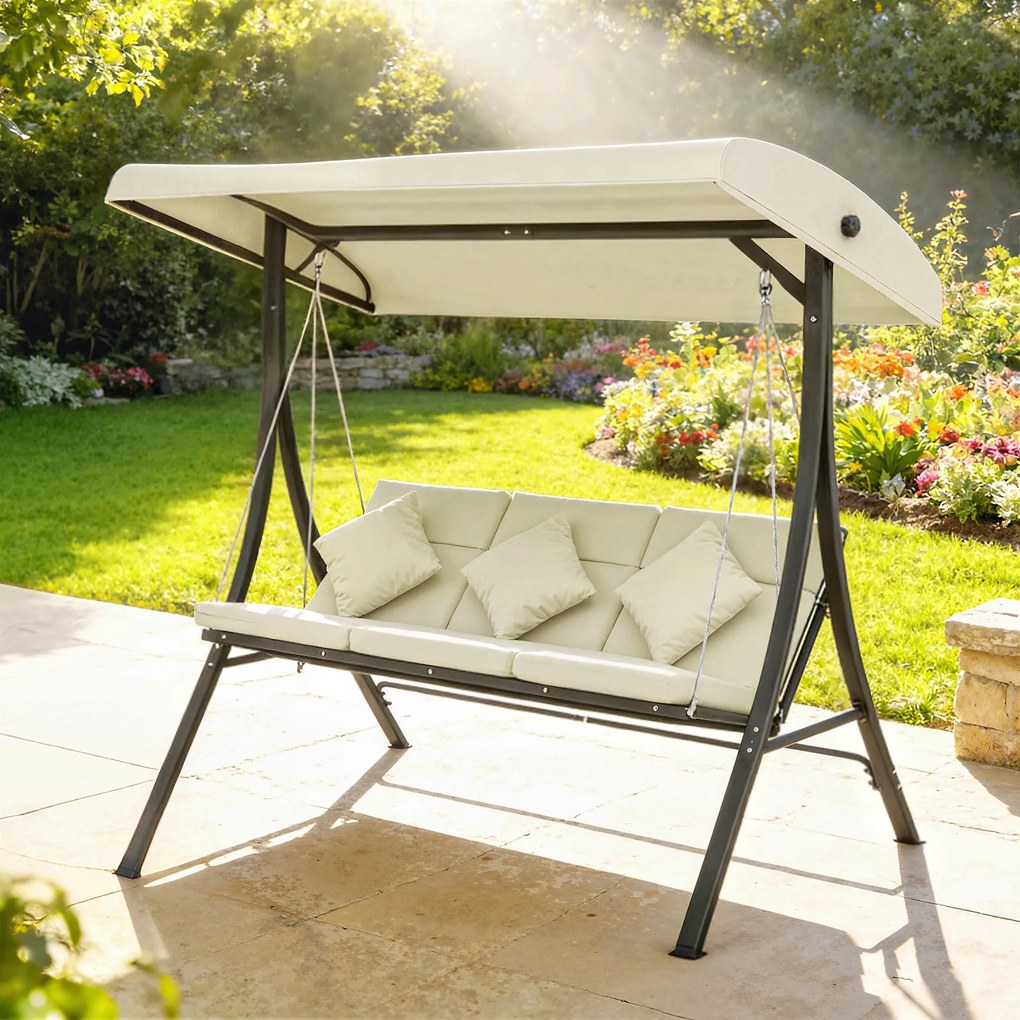 Baloiço de Jardim Exterior de 3 Lugares com Toldo Ajustável e Estrutura de Aço 202x115x168 cm Bege