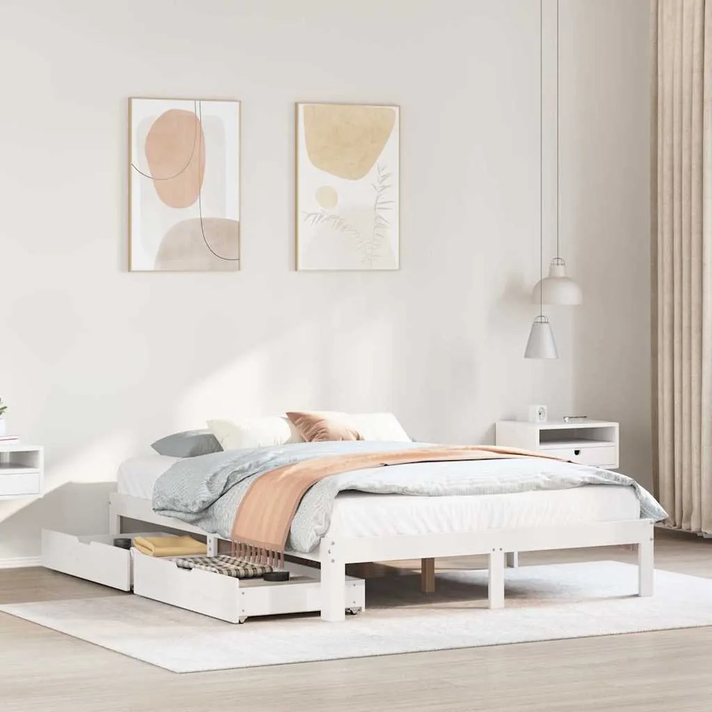 vidaXL Estrutura de cama c/ gavetas 150x200 cm pinho maciço branco