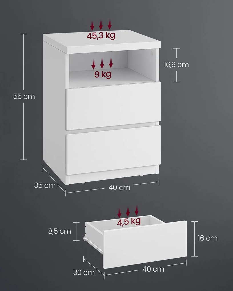 Mesa de cabeceira com iluminação LED regulável 35 x 40 x 55 cm branca