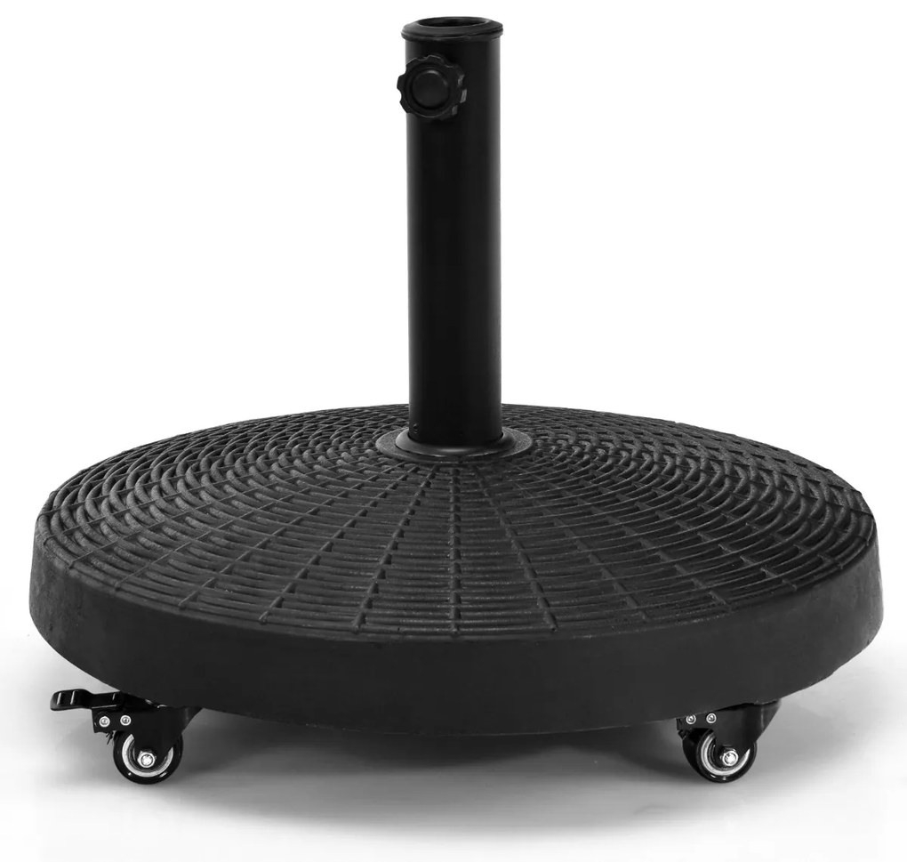 Base para guarda-sol de 43,5 cm em resina, carga 23 kg com rodas bloqueáveis, orifício ajustável para poste, design em rattan Preto