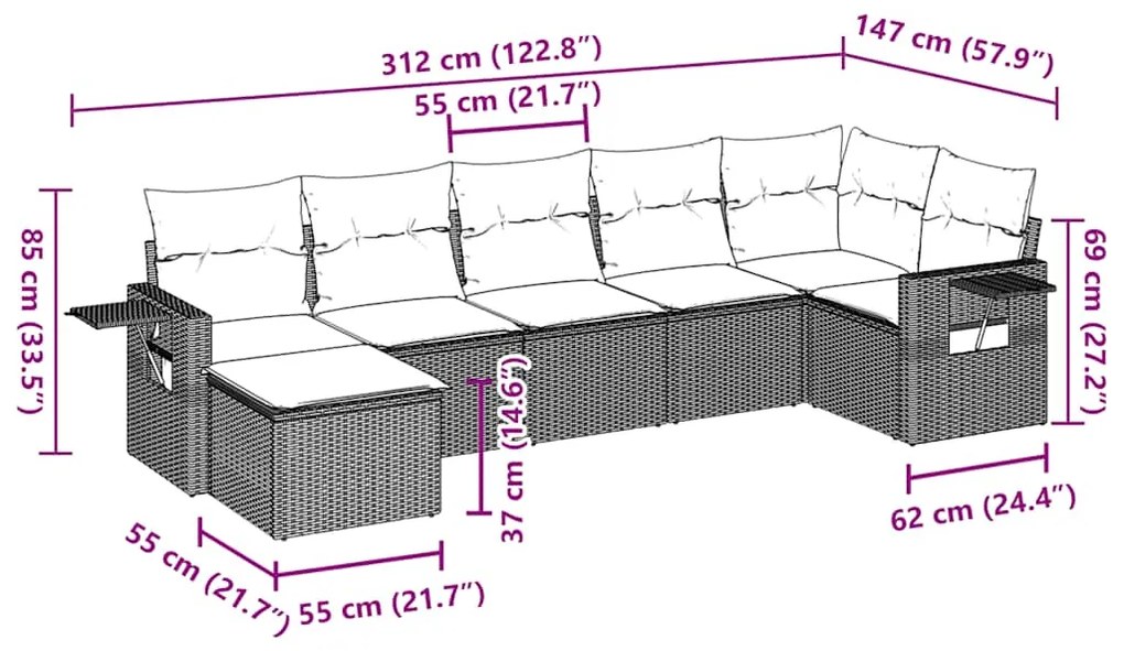 7 pcs conjunto de sofás jardim c/ almofadões vime PE castanho