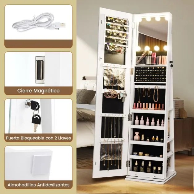 Armário giratório para joias 360°com espelho de corpo inteiro 43 x 38 x 160 cm iluminado e prateleiras traseiras 3 caixas Branco
