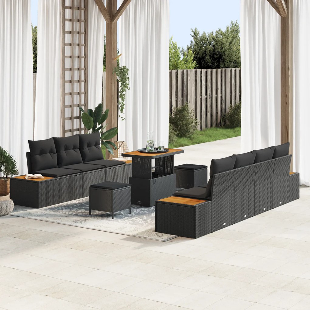 Conjunto de Sofá de Jardim vidaXL de 10 Peças com Almofadas Preto Ratt