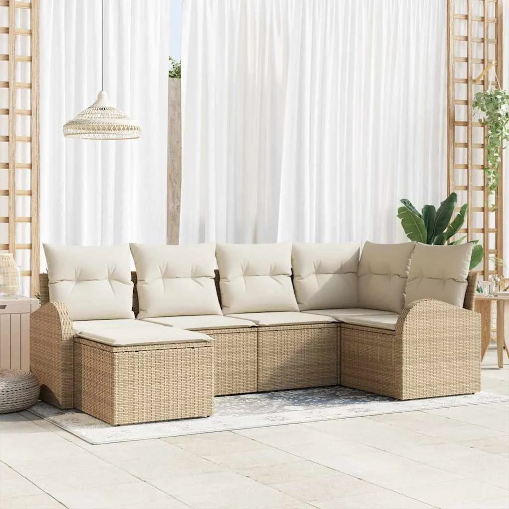 Conjunto de Sofá Jardim vidaXL 6 Peças com Almofadas Bege Rattan Polié