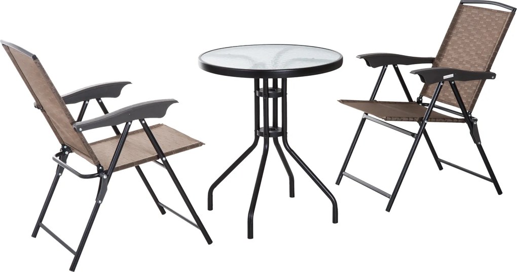 Conjunto de jardim de 3 peças: 2 cadeiras reclináveis com várias posições e dobráveis + mesa redonda em vidro temperado Castanho
