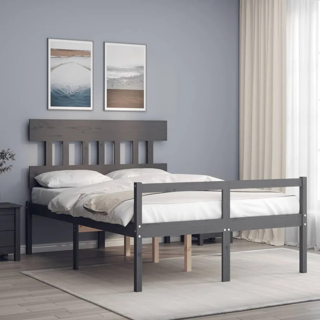 Estrutura de cama de casal c/ cabeceira madeira maciça cinzento