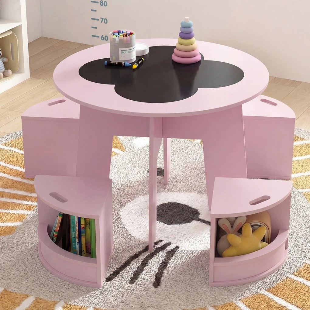 Conjunto de 5 Peças, Mesa Redonda Infantil e 4 Bancos com Arrumação, 70 x 70 x 49 cm, Design Empilhável, cor-de-rosa