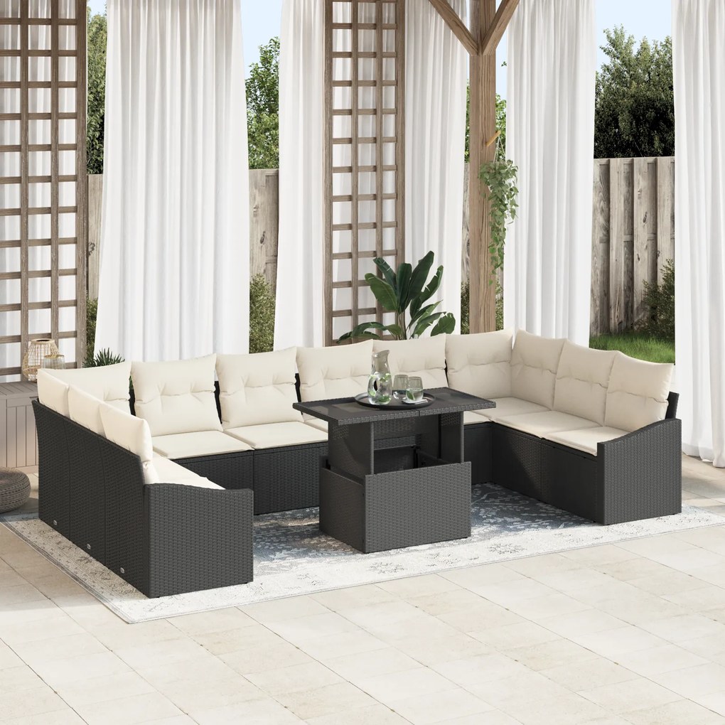 Conjunto de Sofá de Jardim de 11 Peças com Almofadas Preto em Rattan P