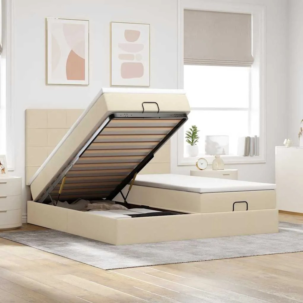 Estrutura de cama otomana com colchões tecido creme 200x200cm