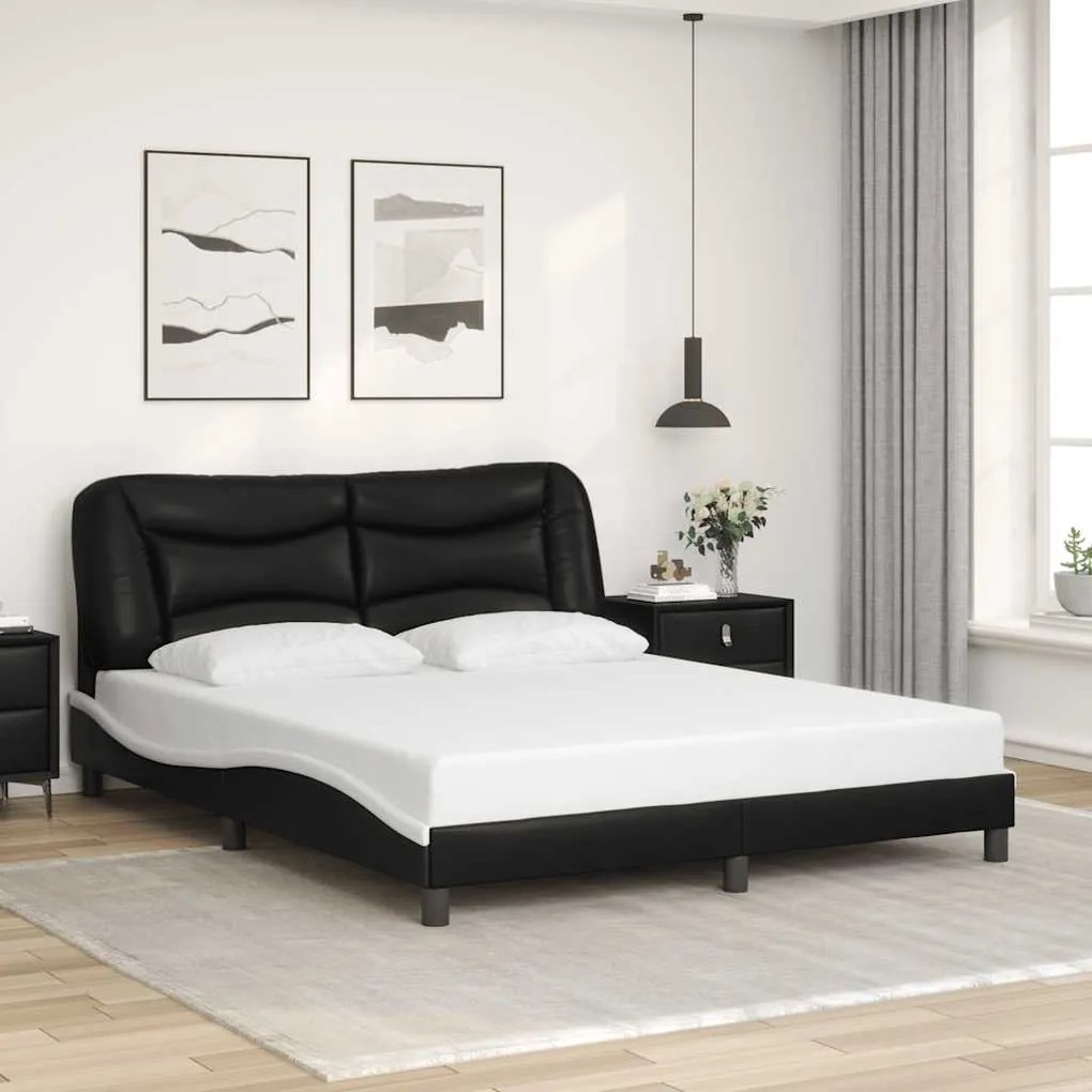 Estrutura cama c/ cabeceira 160x200cm couro artif. preto/branco