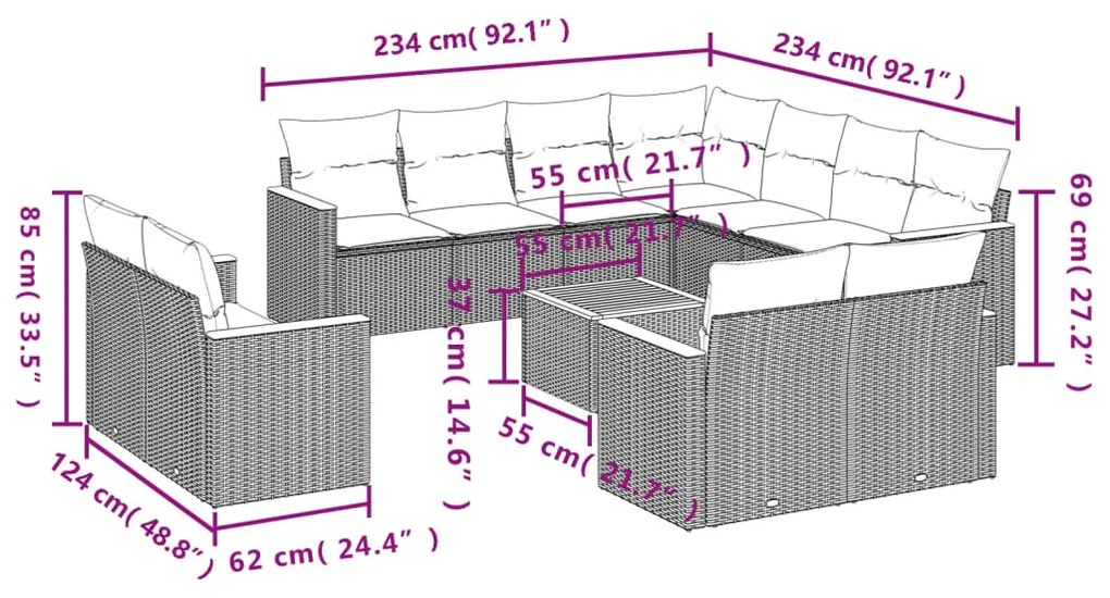 12 pcs conjunto de sofás p/ jardim com almofadões vime PE bege