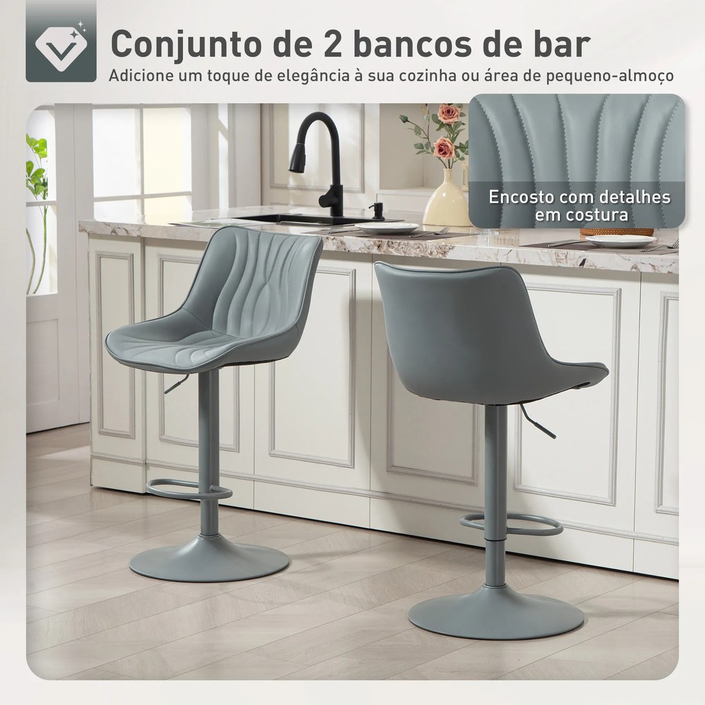 Conjunto de 2 Bancos de Bar Bancos Altos de Cozinha Giratórios com Altura Ajustável e Couro Sintético 47,5x54x92-110 cm Cinzento