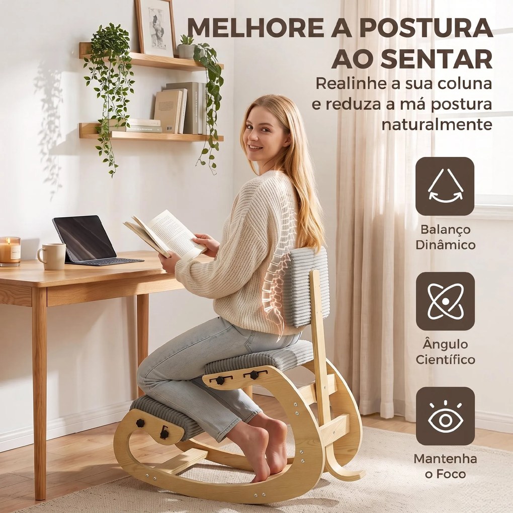 Cadeira Ergonómica de Joelhos com Encosto, Apoio para Joelhos e Revestimento em Bombazina Cinzenta