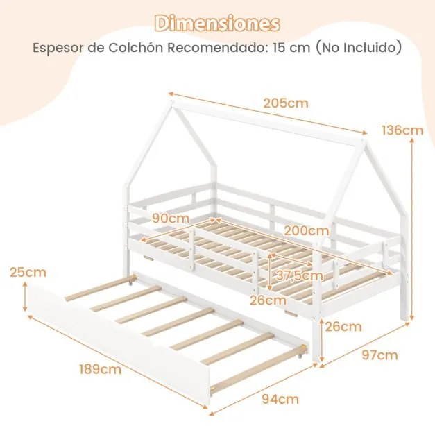 Cama infantil 90 x 200 cm em forma de casa com cama extra  (COLCHÕES NÃO INCLUIDOS) Estrutura de madeira com teto e grades de segurança Não necessita