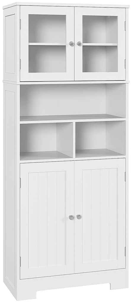 HOMCOM Armário de Cozinha Armário Alto de Cozinha com 2 Portas de Vidro Prateleiras Ajustáveis 60x30x145,5 cm Branco