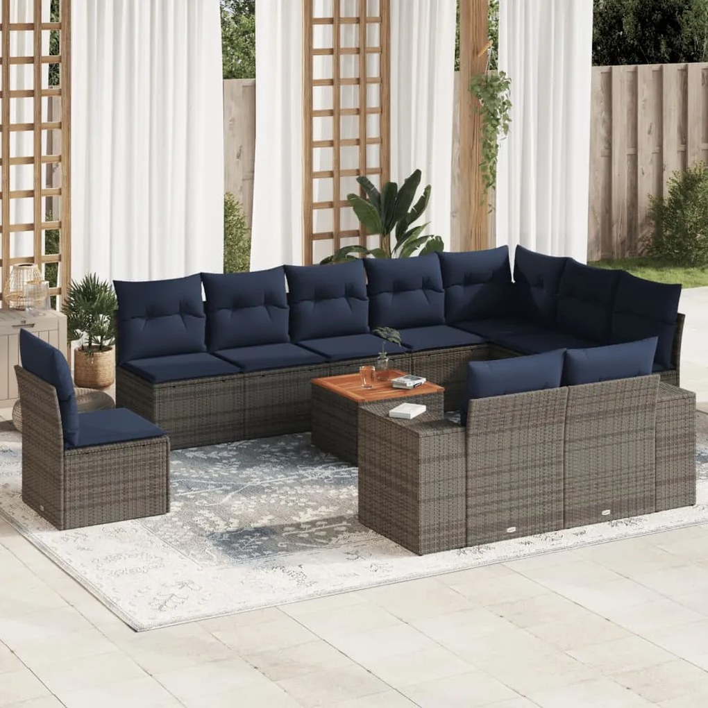 vidaXL 11 pcs conjunto sofás de jardim c/ almofadões vime PE cinzento