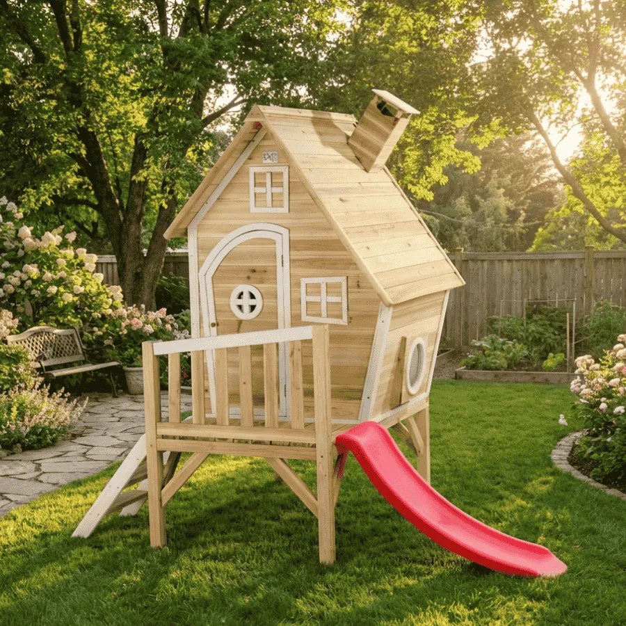 Casa de brincar exterior para crianças Fantasia 300 em madeira com escorrega natural