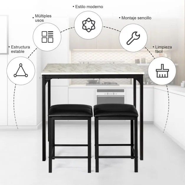 Conjunto de mesa cozinhas e bancos de jantar de 3 peças de bar compactos em couro sintético Branco e Preto