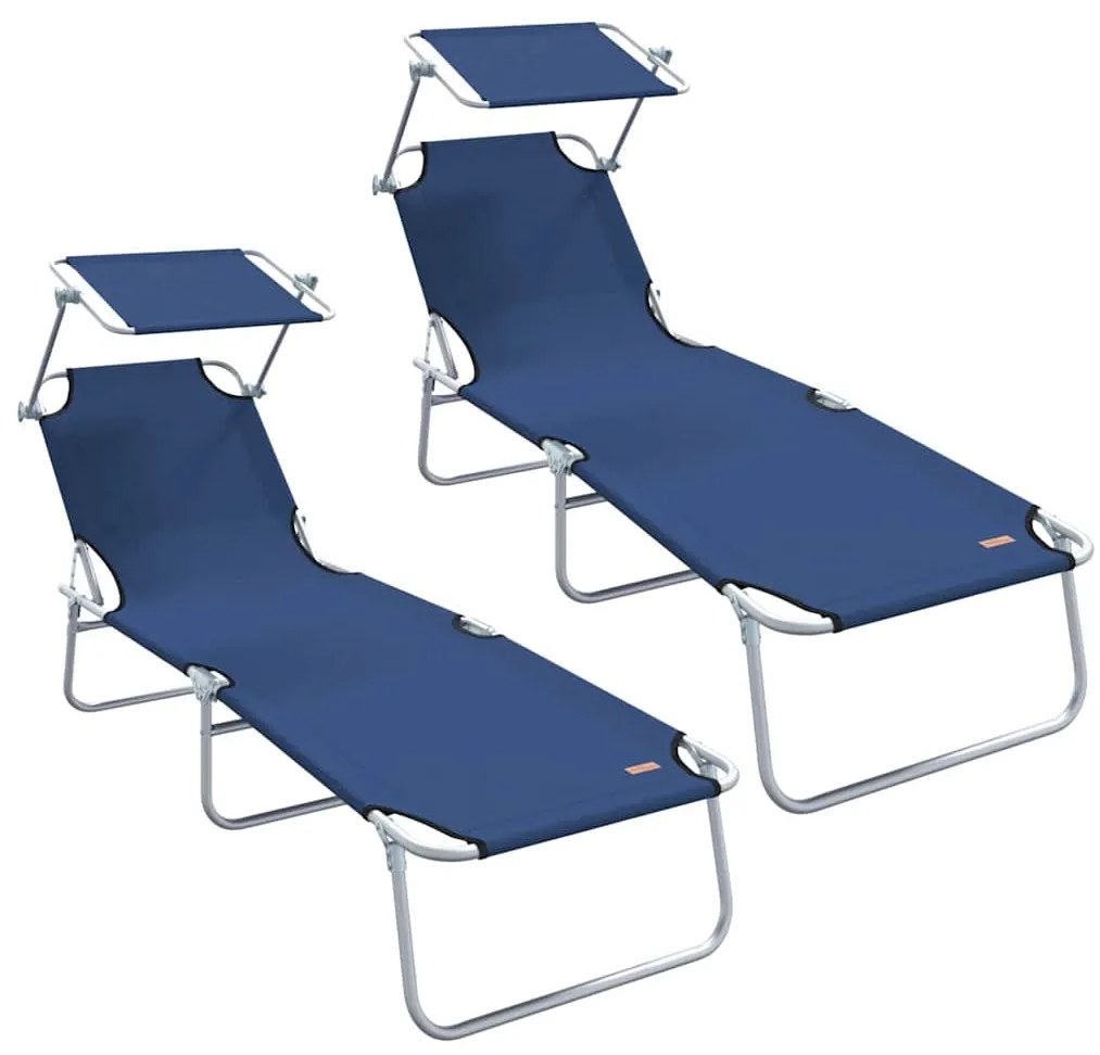 Espreguiçadeiras Dobráveis 2 pcs com Toldo Azul Tecido Oxford 600D