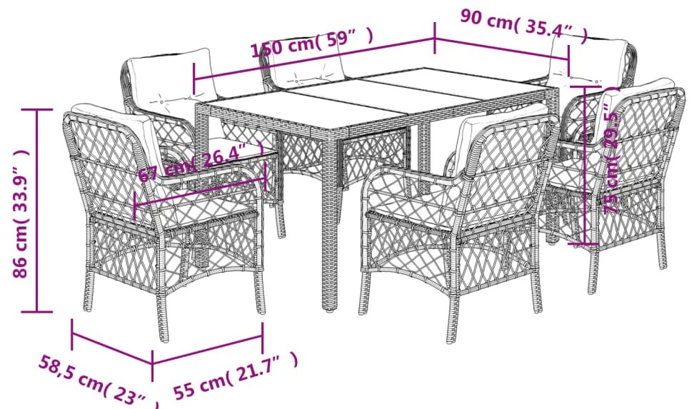 7 pcs conjunto de jantar p/ jardim c/ almofadões vime PE preto