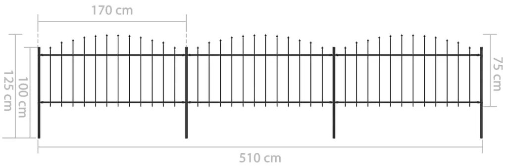 Cerca de jardim com topo em lanças (0,5-0,75)x5,1 m aço preto