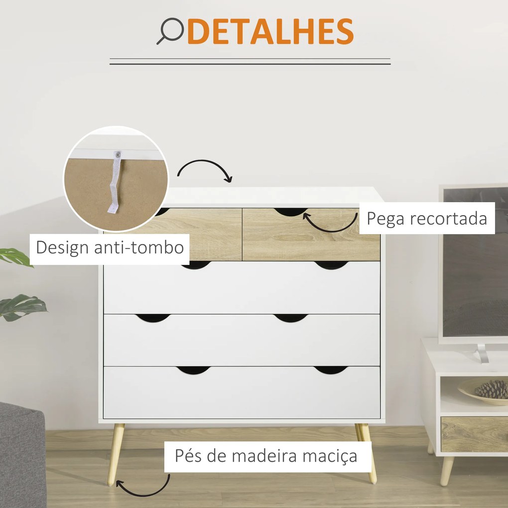 Cómoda com 5 Gavetas Cómoda de Quarto com Pés de Madeira Estilo Nórdico 99x39x101 cm Branco e Carvalho
