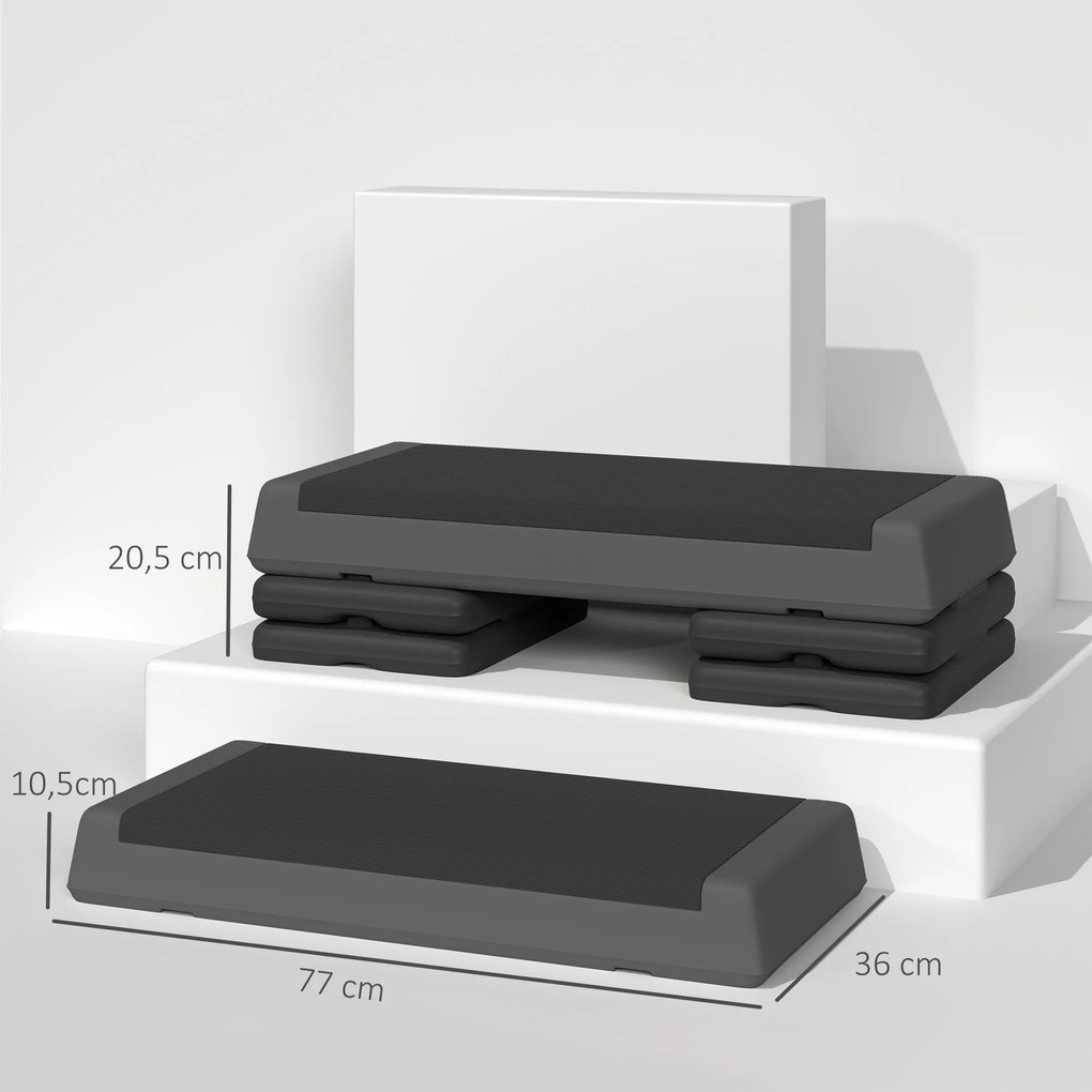 Step para Fitness Antideslizante Altura Regulável 3 Níveis de 10,5/15,5/20,5 cm Capacidade 250 kg 77x36x20,5 cm Cinza e Preto
