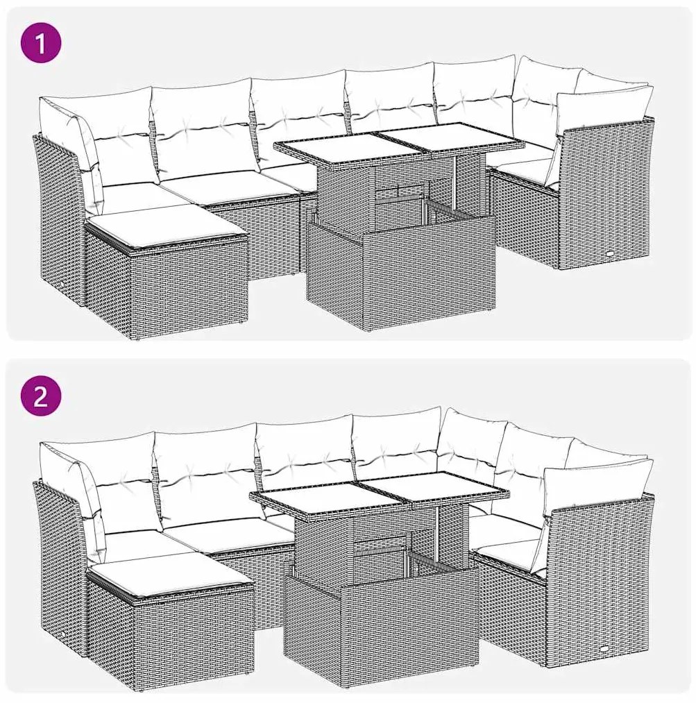 8 pcs conjunto sofás de jardim c/ almofadões vime PE castanho