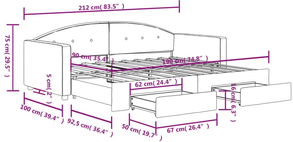 Sofá-cama c/ gavetão e gavetas 90x190 cm veludo cinzento-escuro