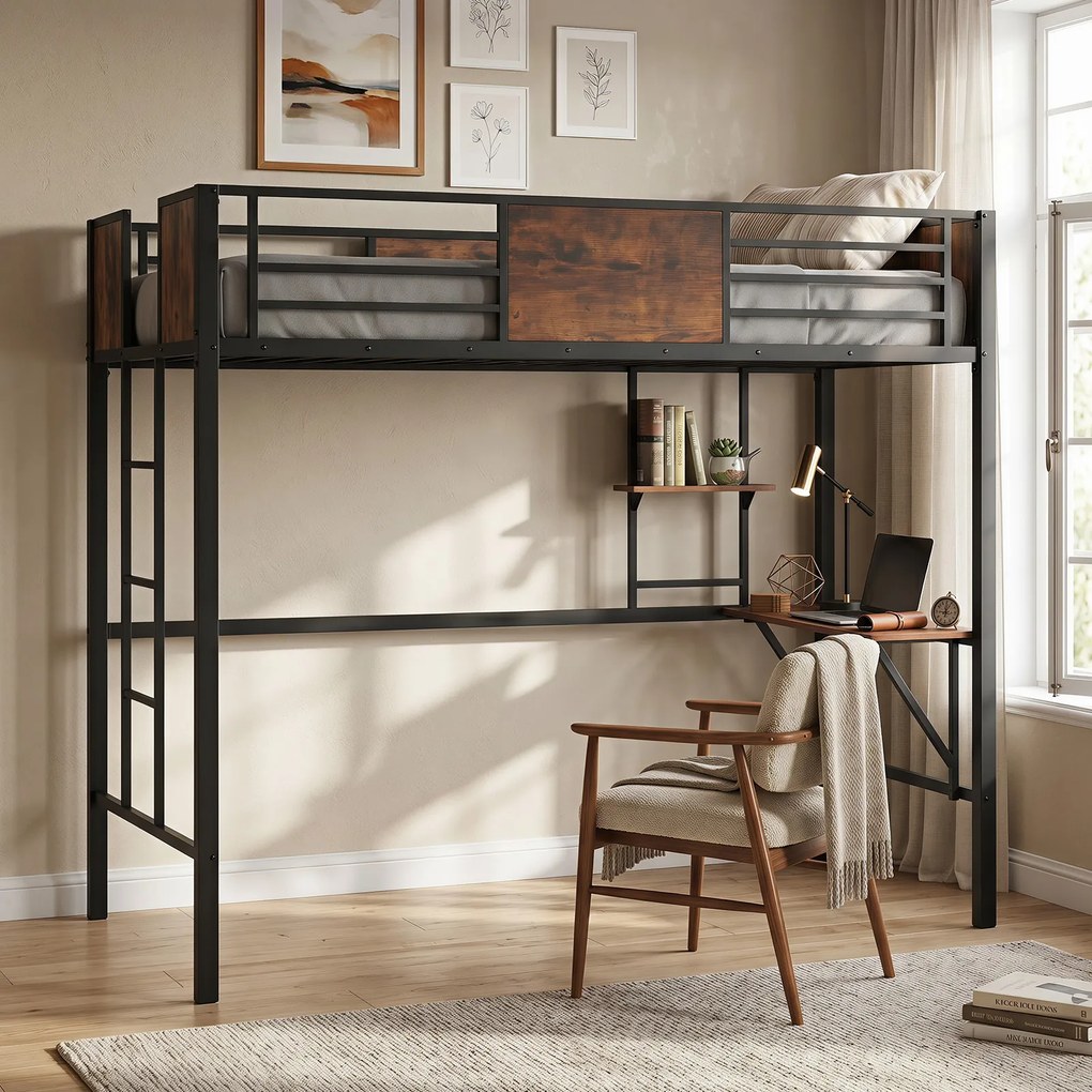 Cama infantil Alta com Secretária, 208 x 94 x 174 cm, Estrutura Metálica Reforçada, Castanho+Preto