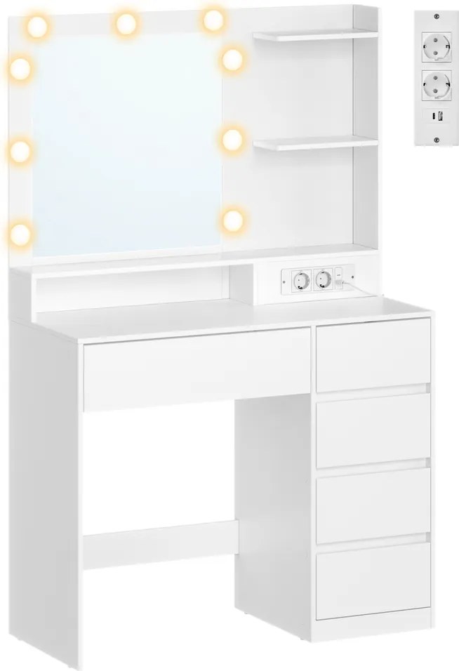 Toucador com espelho 80 x 40 x 144,3 cm, iluminação LED, tomada e 5 gavetas, branco