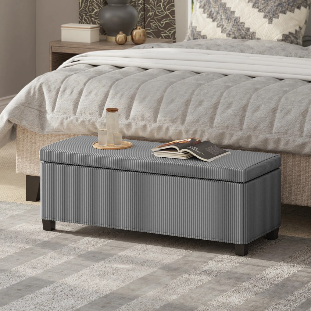 Banco de arrumação para colocar ao pé da cama em veludo canelado com tampa, para sala, quarto, hall de entrada, 112 x 42 x 40 cm, cinzento