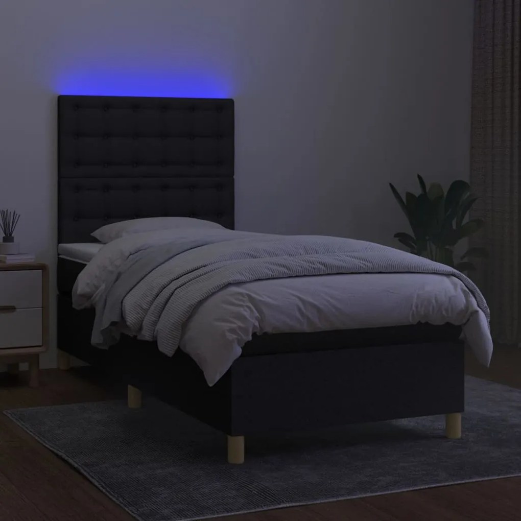 Cama box spring c/ colchão e LED 80x200 cm tecido preto