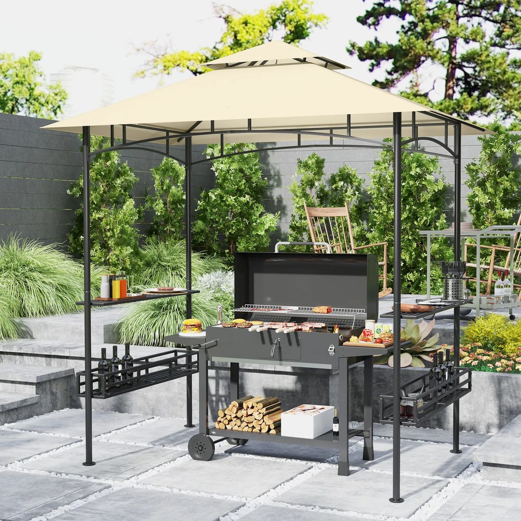Tenda para churrasco 240 x 150 x 257 cm com toldo para jardim (GRELHADOR NÃO INCLUIDO), ganchos de teto, prateleiras e cestos, bege