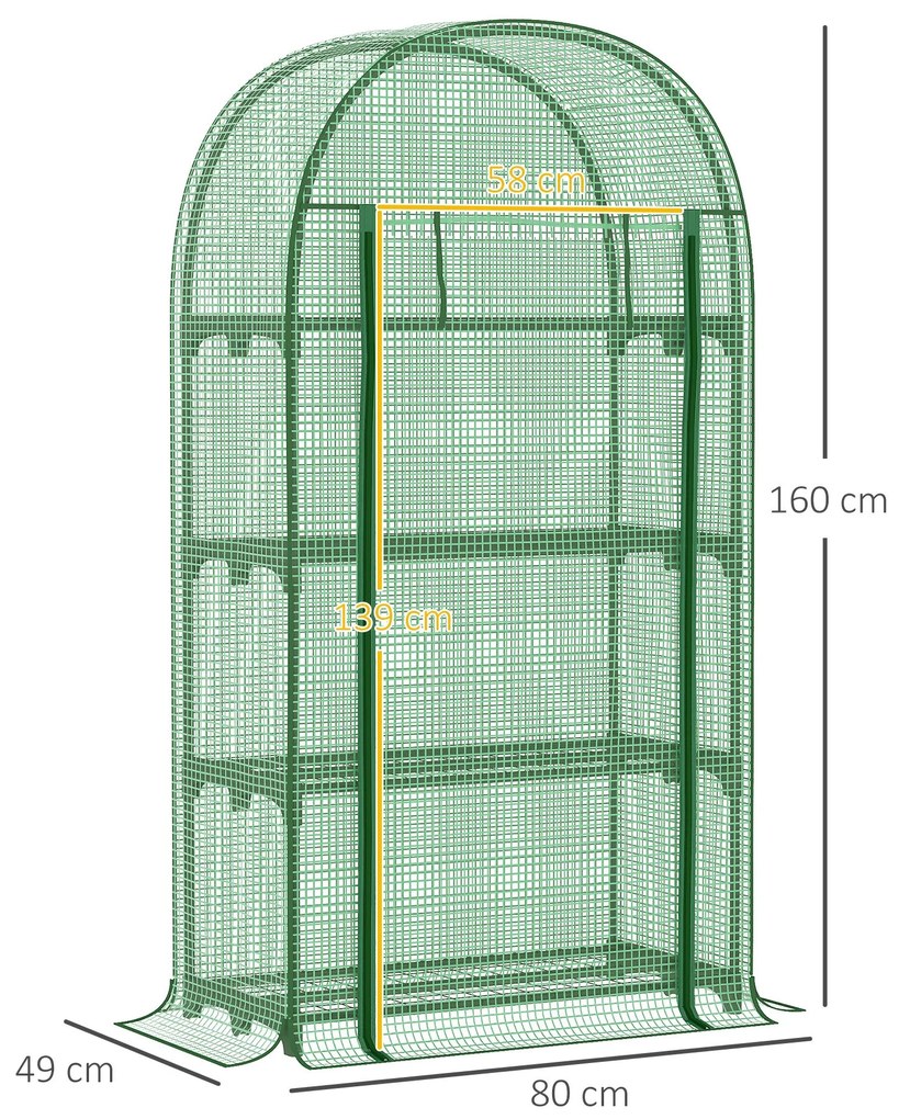 Estufa de Jardim com 4 Prateleiras Metálicas Porta Enrolável e Cobertura de PE Estufa de Varanda para Cultivo de Plantas Flores 80x49x160cm Verde