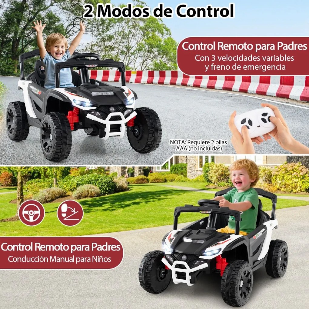 Carro elétrico infantil de 12 V, com comando à distância, 3 velocidades, luzes LED, música, buzina, veículo a bateria para crianças, Branco