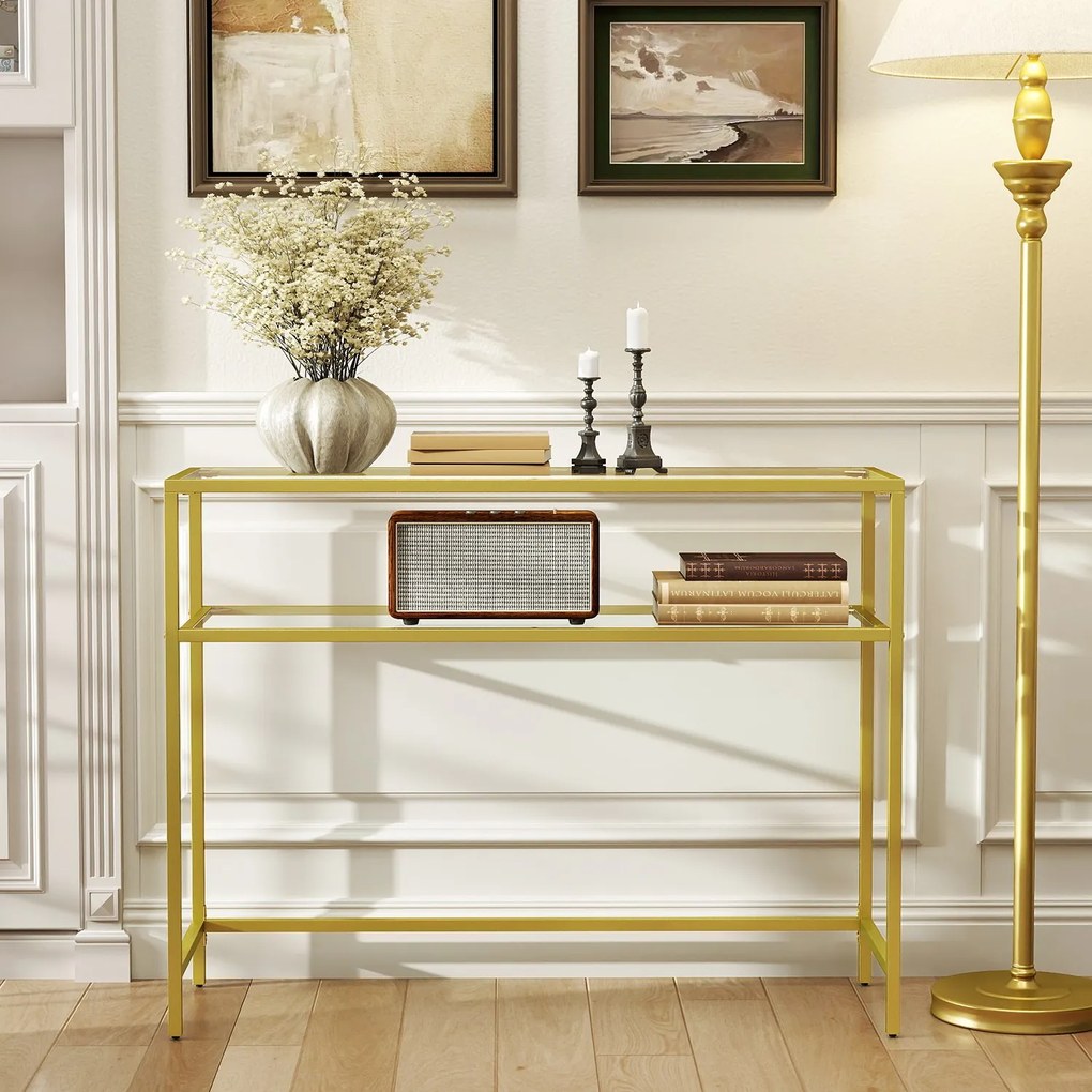 Mesa consola com 2 níveis, mesa de entrada 35 x 100 x 80 cm vidro, aço dourada