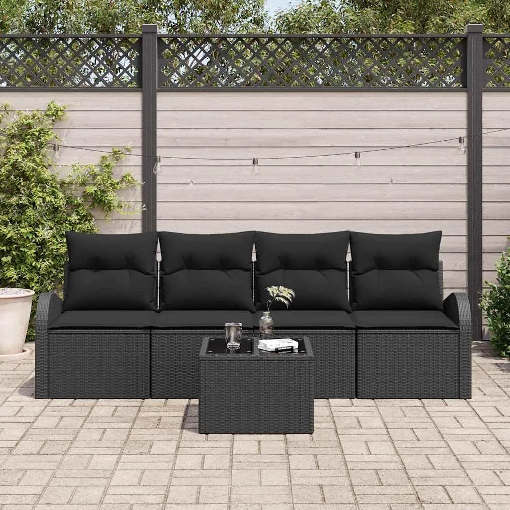 vidaXL Conjunto de Sofá de Jardim 5 pcs Preto Rattan e Aço e Vidro
