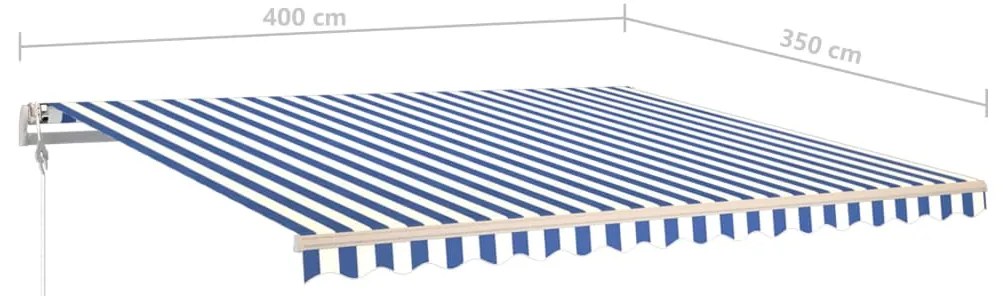 Toldo retrátil manual com luzes LED 4x3,5 m azul e branco
