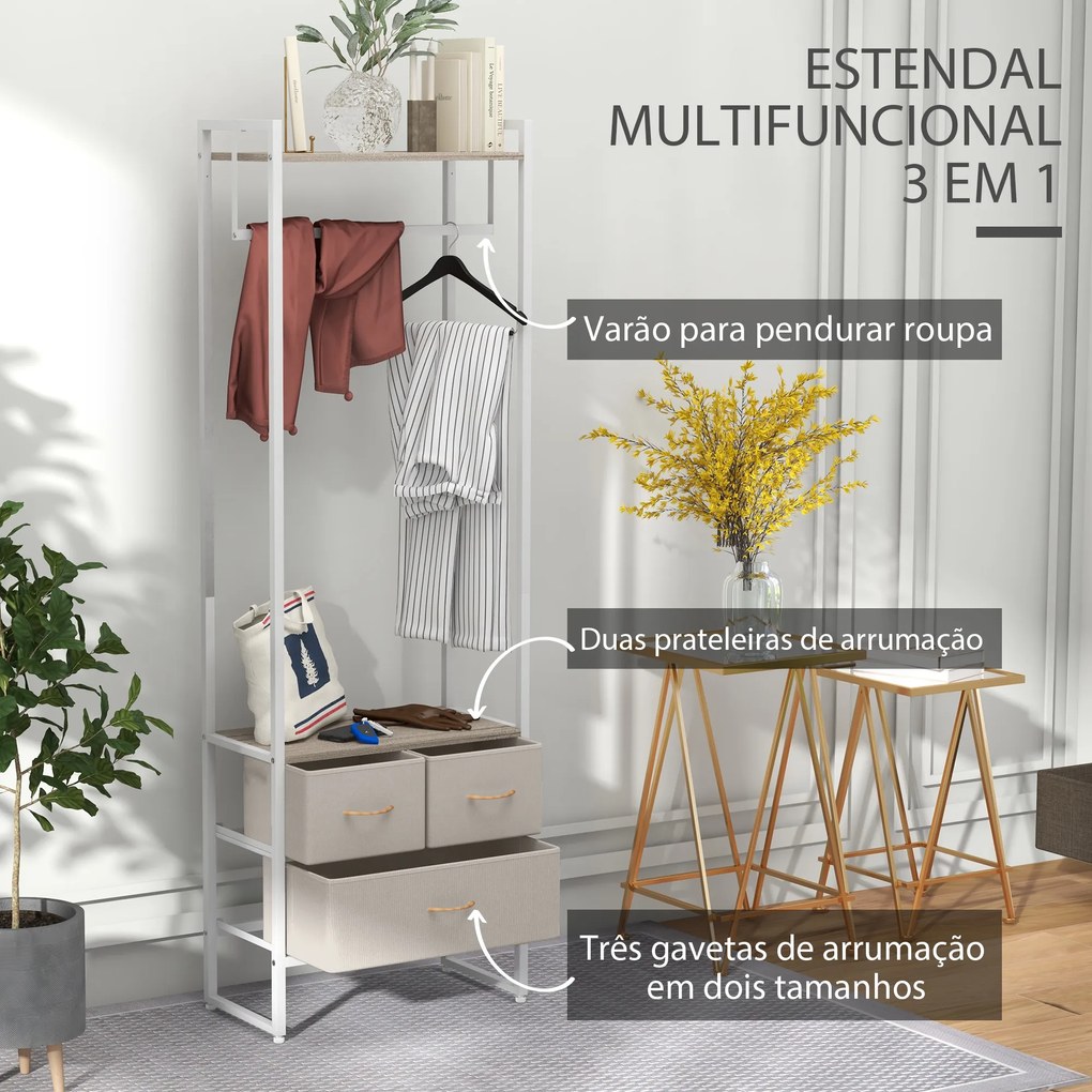 Suporte para Cabides com 3 Gavetas de Tecido Barra para Pendurar e Prateleira para Entrada Quarto 58,5x30x178 cm Natural