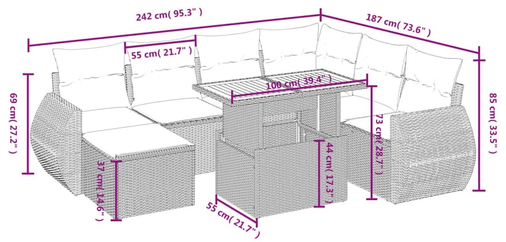 8 pcs conjunto sofás de jardim com almofadões vime PE preto