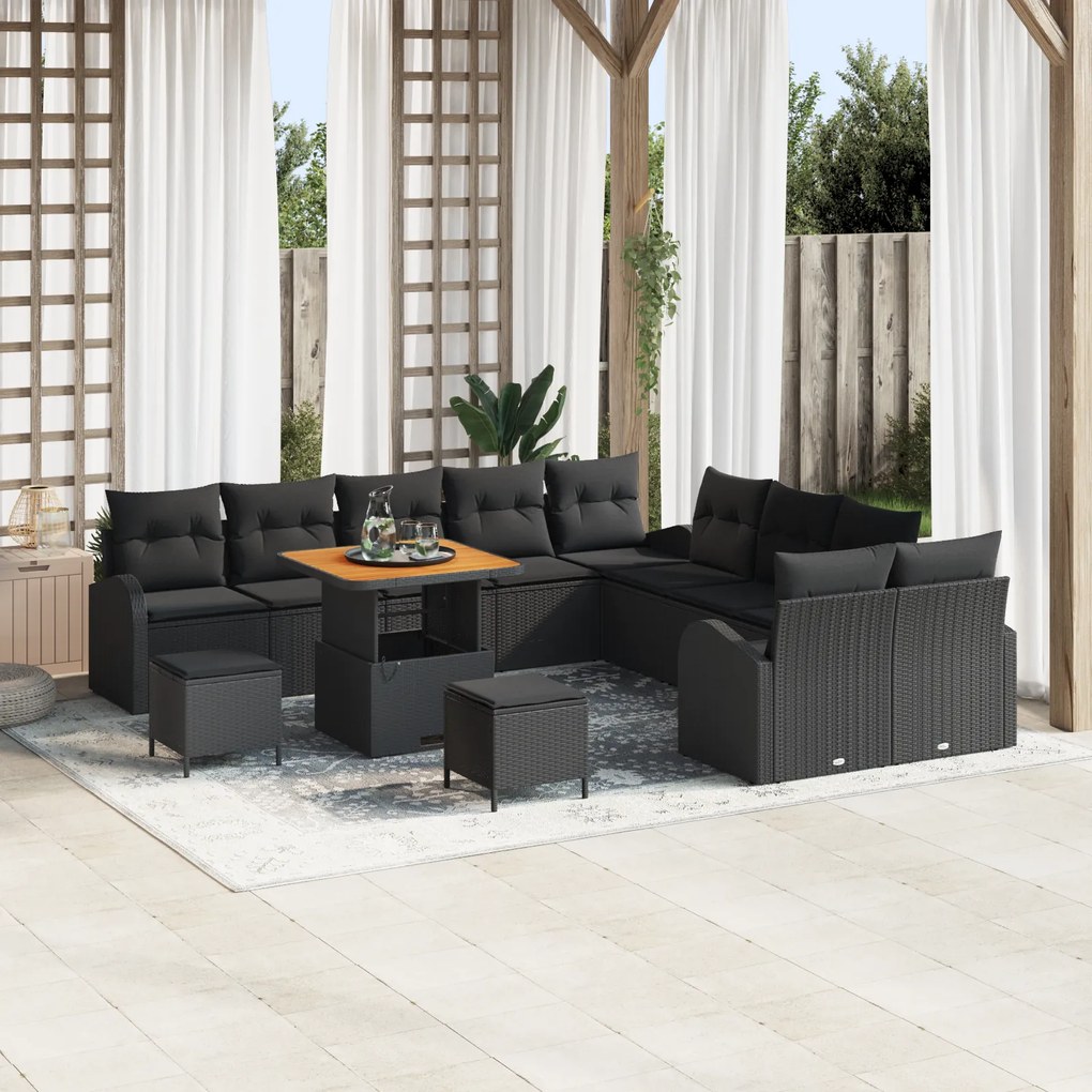 Conjunto de Sofá de Jardim vidaXL de 13 Peças com Almofadas Preto Ratt