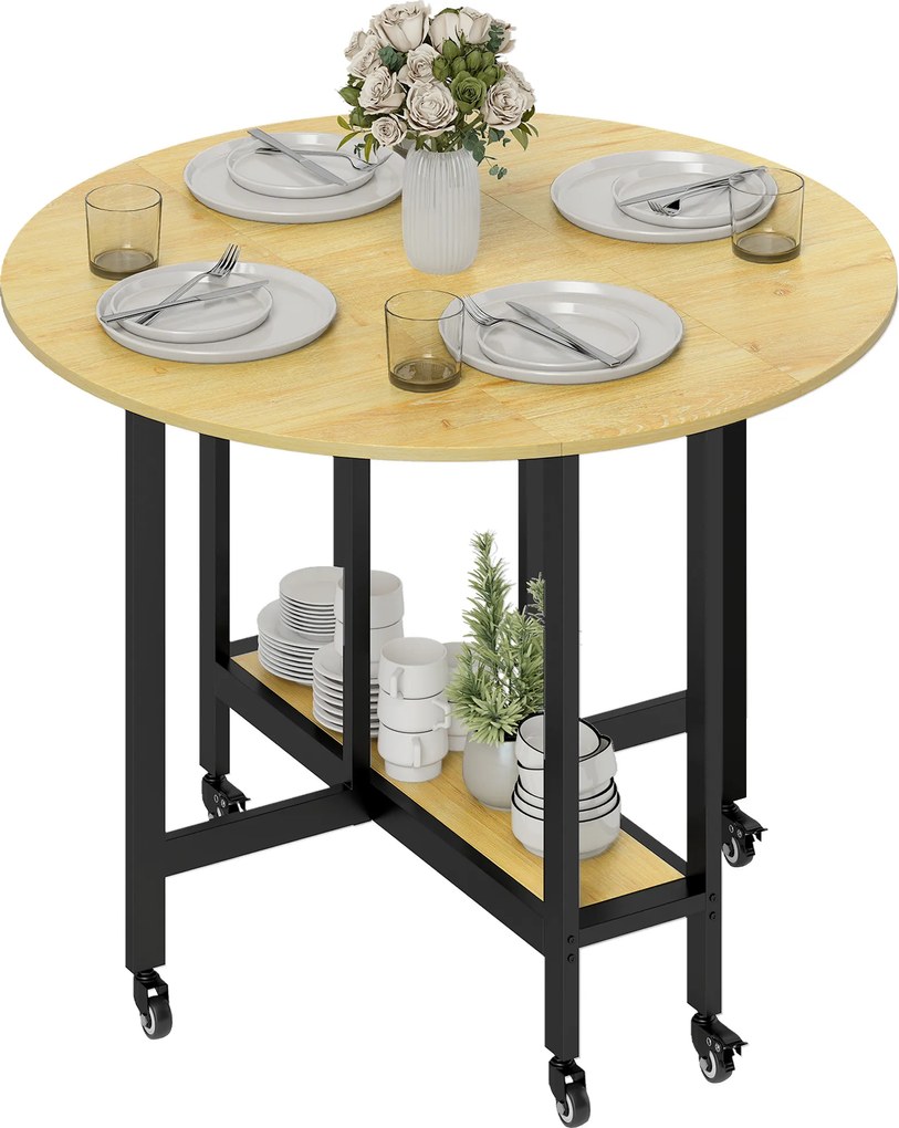 Mesa de jantar dobrável com rodas 100 x 100 x 75 cm (CADEIRAS NÃO INCLUIDAS), mesa de cozinha para 4 pessoas com prateleira integrada, cor carvalho