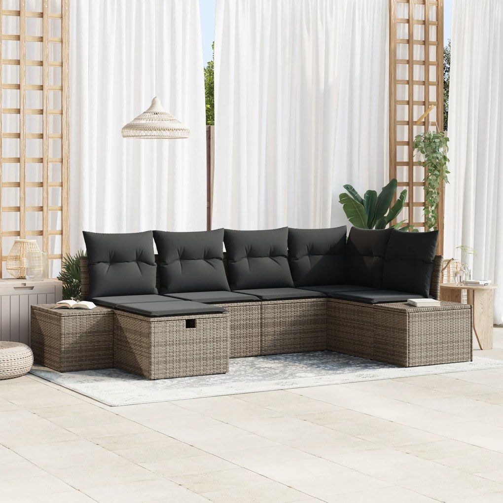 Conjunto de Sofá de Jardim de 6 Peças com Almofadas Cinza Rattan Poli