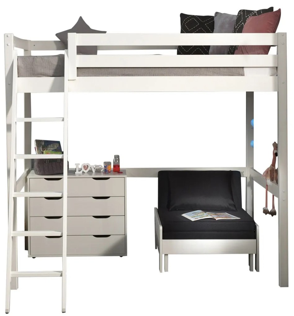 Conjunto Cama alta de Criança PINO 140 x 200 cm + estrado + escada + cómoda 4 gavetas + sofá-cama Branca
