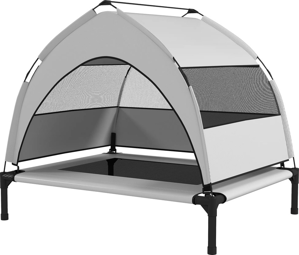 Cama Elevada para Cão com Cobertura, 76 x 61 x 70 cm, Cobertura de Três Lados, Cinzento-Claro