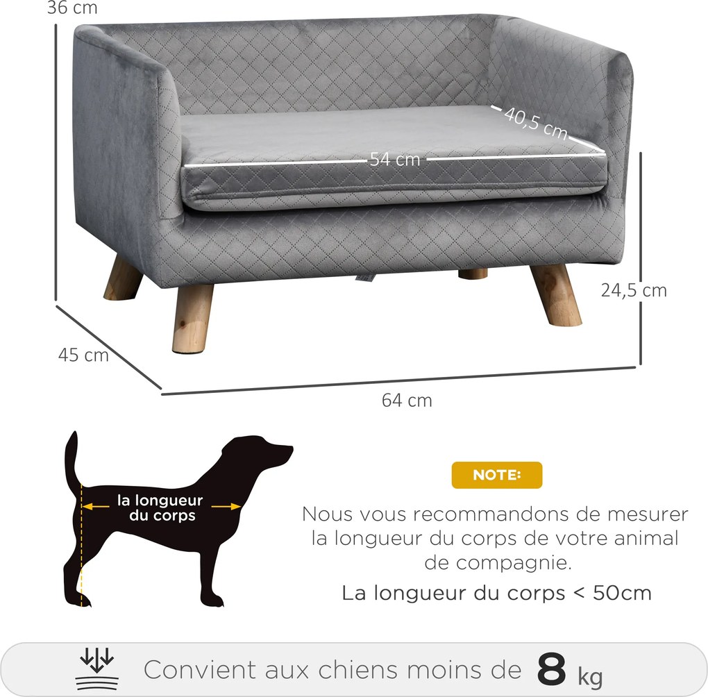 Sofá-cama para cães com design escandinavo, almofada macia e pés em madeira maciça 64 x 45 x 36 cm veludo cinzento