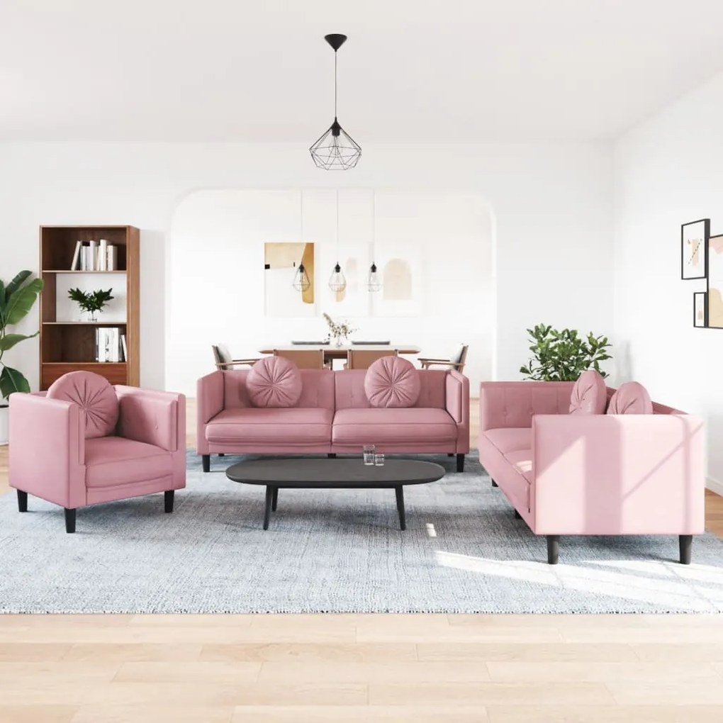 vidaXL 3 pcs conjunto de sofás com almofadas veludo rosa