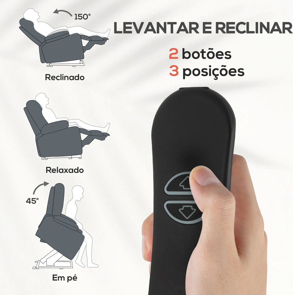 Poltrona Relax Reclinável Elétrica Levanta Pessoas com Controlo Remoto, Porta USB e Bolsos Laterais Cinzento Escuro