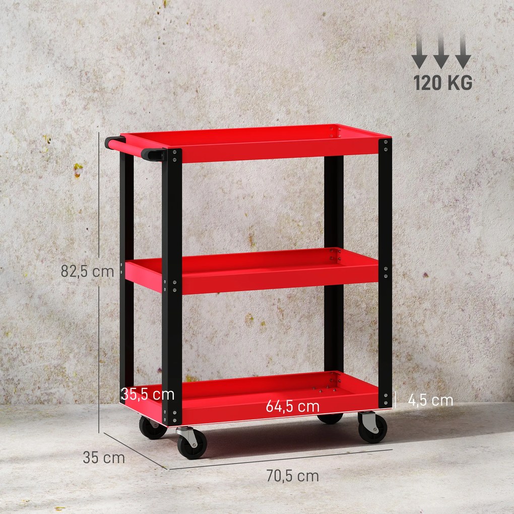 Carrinho de Ferramentas com 3 Prateleiras Rodas e Alças para Garagem Mecânica Casa Carga 120 kg Vermelho e Preto
